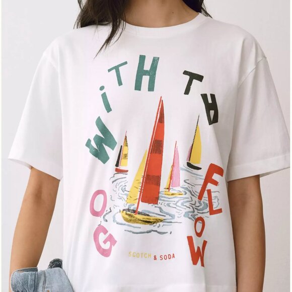 Scotch & Soda Women’s White T-Shirt with Sailboat Design “Go With The Flow” - Picture 8 of 9